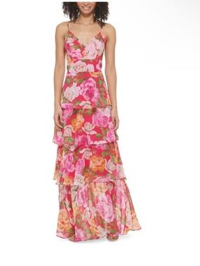 Eliza J Pink and Orange Ruffled Tiered Maxi Dress size 4